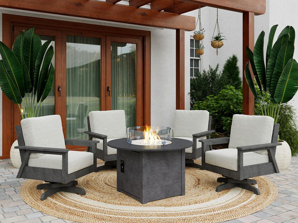 Tofino Fire Table and 4 Swivel Chair Set - 46" Round Fire Table + 4 Swivel Chairs